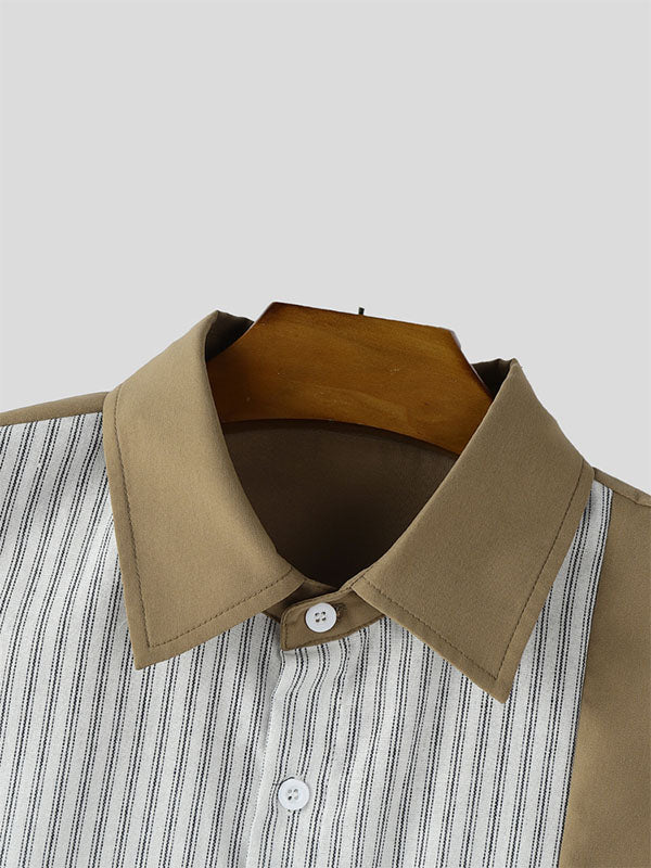 Mens Striped Patchwork Casual Short Sleeve Shirt SKUL15377