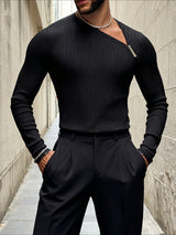 Men's Asymmetric Shoulder Design Textured Long Sleeve T-shirt SKUL43663