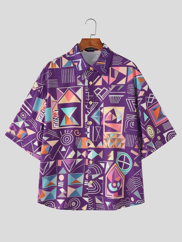 Men's Abstract Geometric Art Print Oversized City Boy Shirt SKUL59520