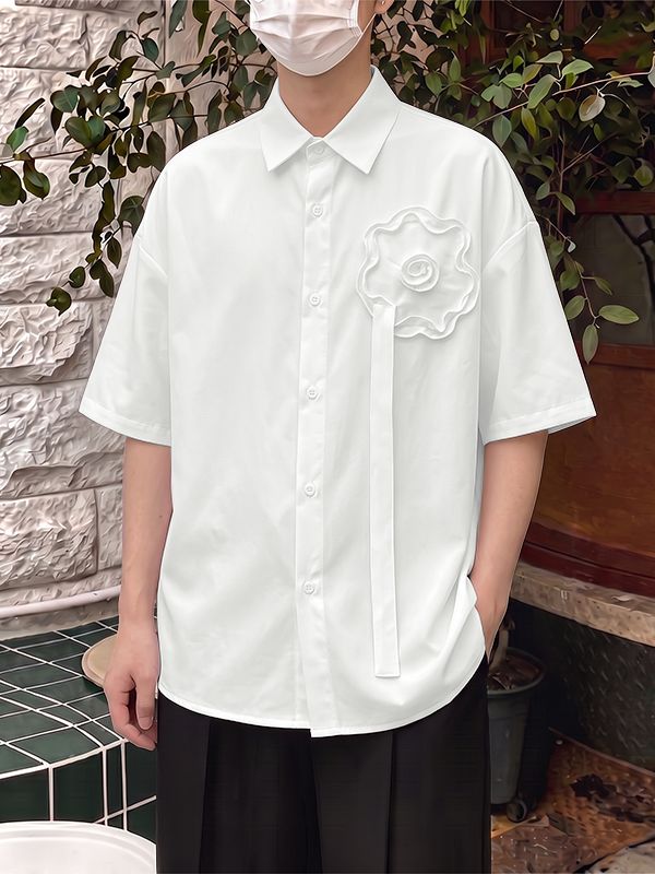 Men's K-Pop Streetwear 3D Floral Applique Ribbon Detailed Short Sleeve Shirt SKUL76570