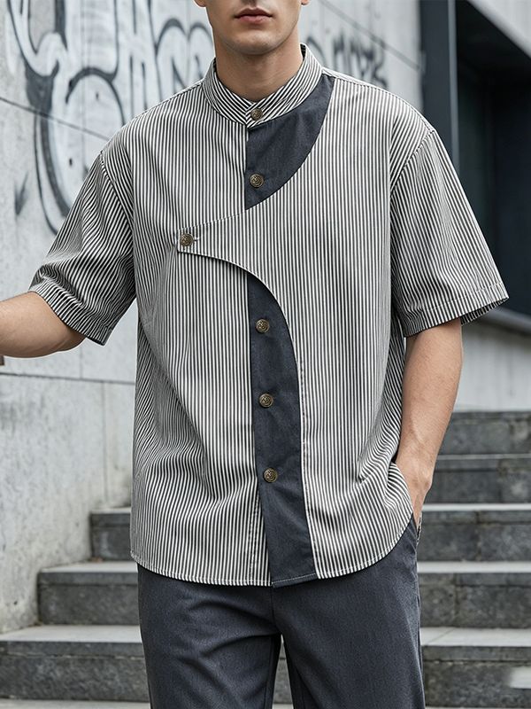 Men's Avant-Garde Asymmetrical Curved Contrast Placket Pinstripe Shirt SKUL64198