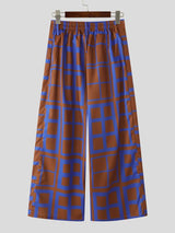 Men's Avant-Garde Graphic Grid Pattern High-Waisted Wide-Leg Pant SKUL61663