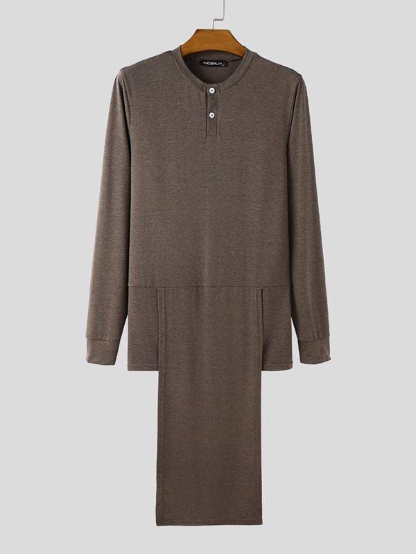 Men's Irregular Hem Half Placket Knitted Long Sleeve T-Shirt SKUL41056