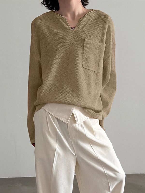 Men's Textured Knit V Neck Long Sleeve T-Shirt SKUL32962