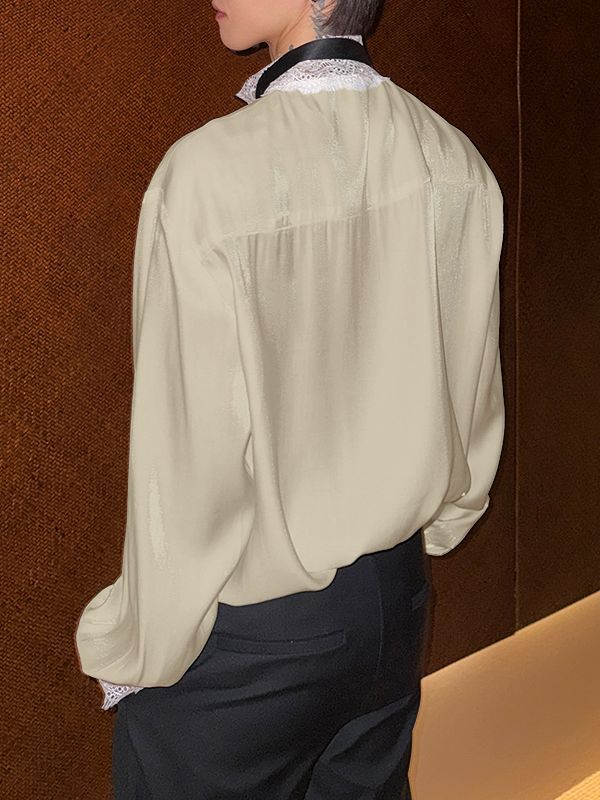 Men's Lace Trim Patchwork Ribbon Design Long Sleeve Shirt SKUL50006