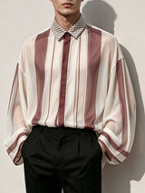 Men's Retro Early Autumn Sheer Stripe Contrast Polka Dot Lantern Long Sleeve Lapel Collar Shirt SKUL77321
