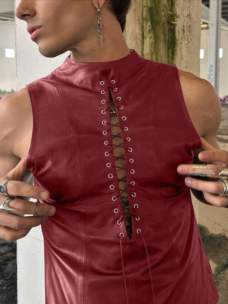 Men's Goth Punk Streetwear Faux Leather Lace Up Front Slim Fit Mock Neck Tank SKUL66977