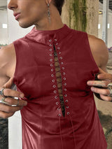 Men's Goth Punk Streetwear Faux Leather Lace Up Front Slim Fit Mock Neck Tank SKUL66977