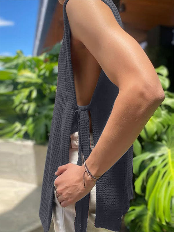 Mens Textured Split Hem Tie Sleeveless Tank SKUL06397