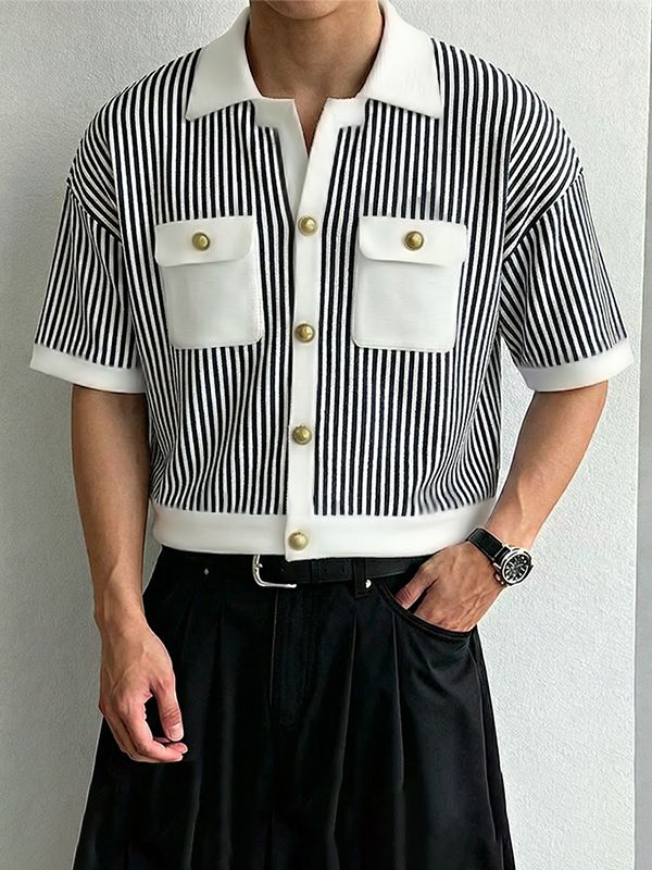 Men's Contrast Patchwork Striped Short Sleeve Shirt SKUL50764