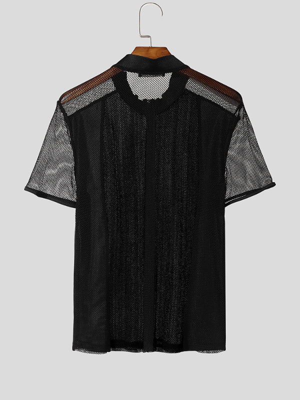 Men's Glitter Sheer Mesh Patchwork Short Sleeve T-Shirt SKUL12896