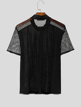 Men's Glitter Sheer Mesh Patchwork Short Sleeve T-Shirt SKUL12896