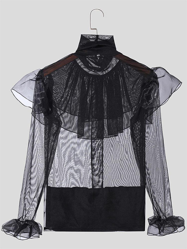 Mens Ruffle Panel Sheer Mesh Long Sleeve Shirt SKUK94748