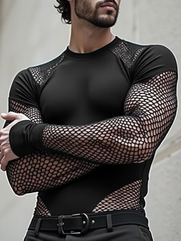 Mens Mesh Patchwork Sheer Long-Sleeve Bodysuit SKUK84402