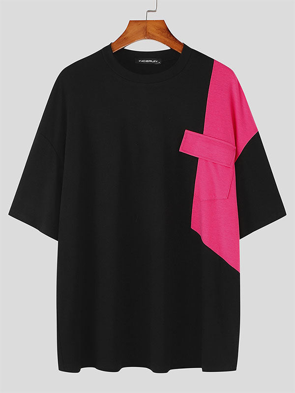 Mens Color-Block Patchwork Short-Sleeve T-Shirt SKUK74749