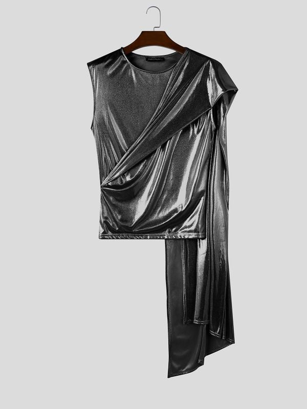 Men's Avant-Garde Glam Stage Runway Metallic Drape Cape One-Shoulder Tank SKUL82428