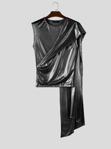 Men's Avant-Garde Glam Stage Runway Metallic Drape Cape One-Shoulder Tank SKUL82428