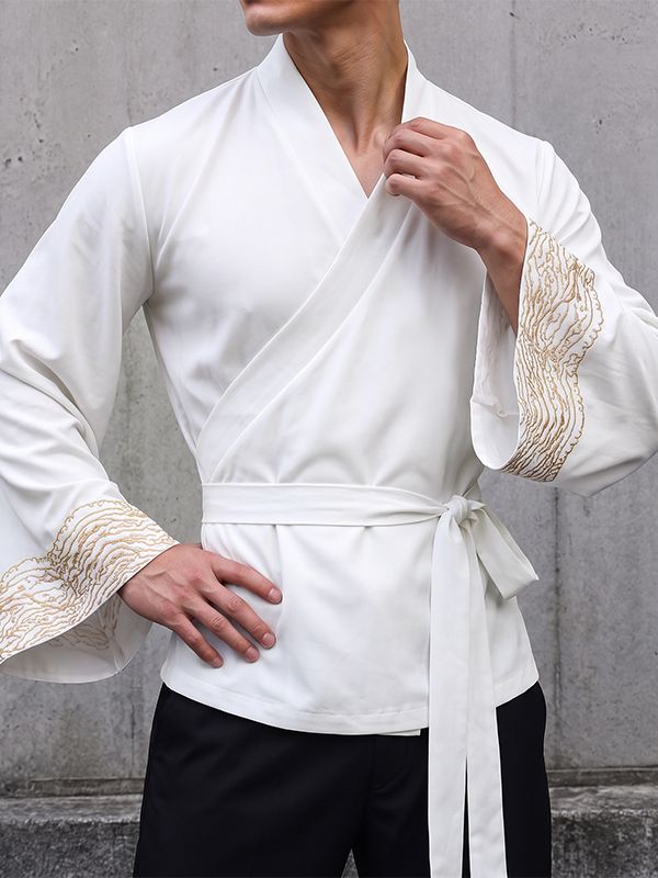 Men's Retro Resort Wave Embroidery Belted Wide Long Sleeve V-Neck Cardigan SKUL78345