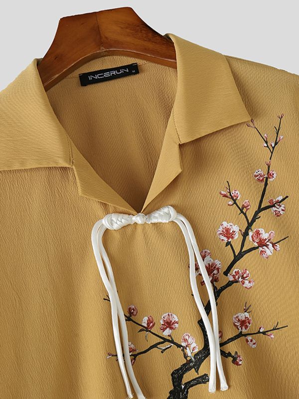 Men's Modern Chinese Turn-Down Collar Frog Button Plum Blossom Print Cropped Short Sleeve Shirt SKUL58701