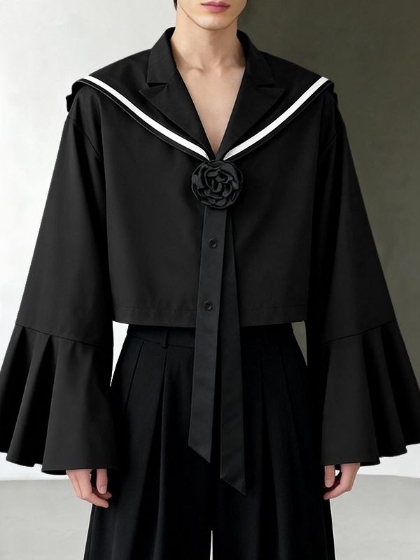 Men's 3D Floral Decoration Sailor Collar Long Sleeve Shirt SKUL46419