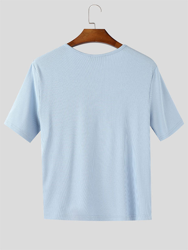 Mens Solid Color Knit Zipper Short Sleeve T-Shirt SKUL15396