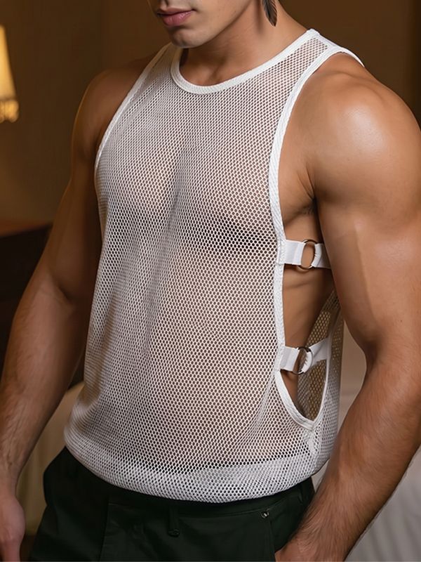 Men's Y2K Avant-Garde Sheer Mesh D-Ring Buckle Open-Side Tank SKUL74578