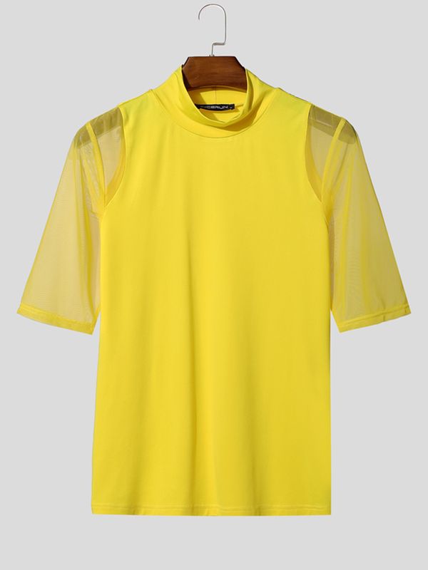 Men's Avant-Garde High-Street Semi-High Collar Mesh Panel Sheer Half Sleeve T-shirt SKUL63175