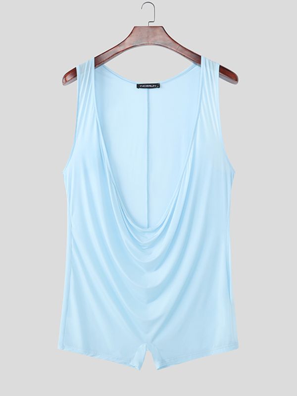 Men's Solid Color Knit Draped Neck Boxer Bodysuit SKUL57719