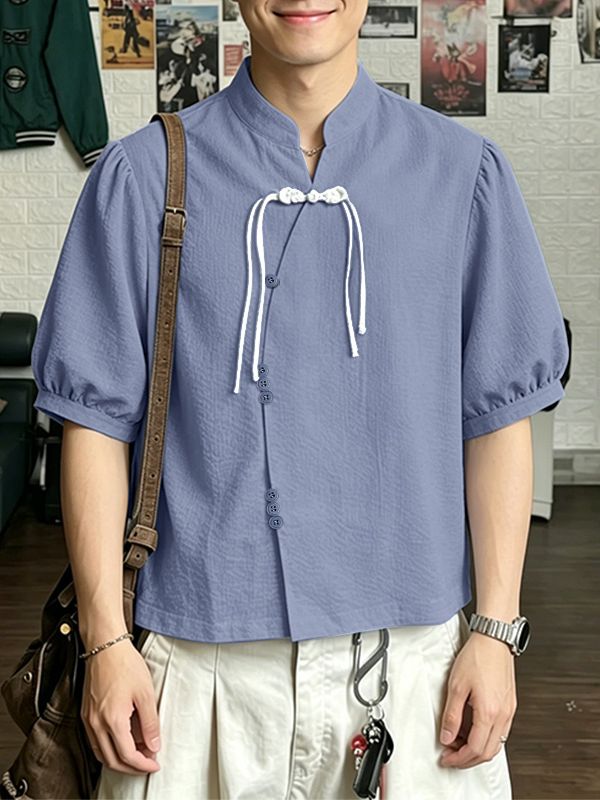 Men's New Chinese Style Textured Frog-Button Puff-Sleeve Shirt SKUL59571