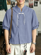 Men's New Chinese Style Textured Frog-Button Puff-Sleeve Shirt SKUL59571