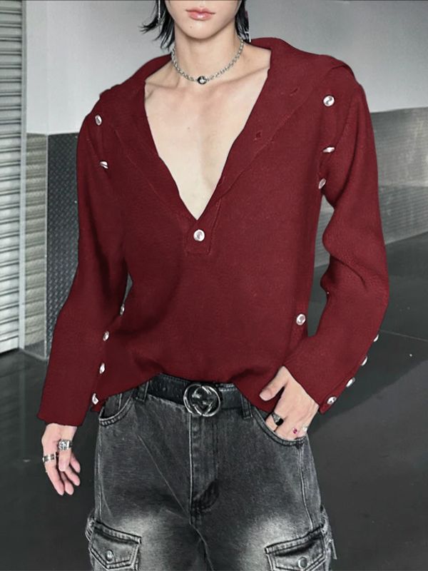 Men's Deconstructed Metal Buckle High Neck Long Sleeve T-shirt SKUL42254