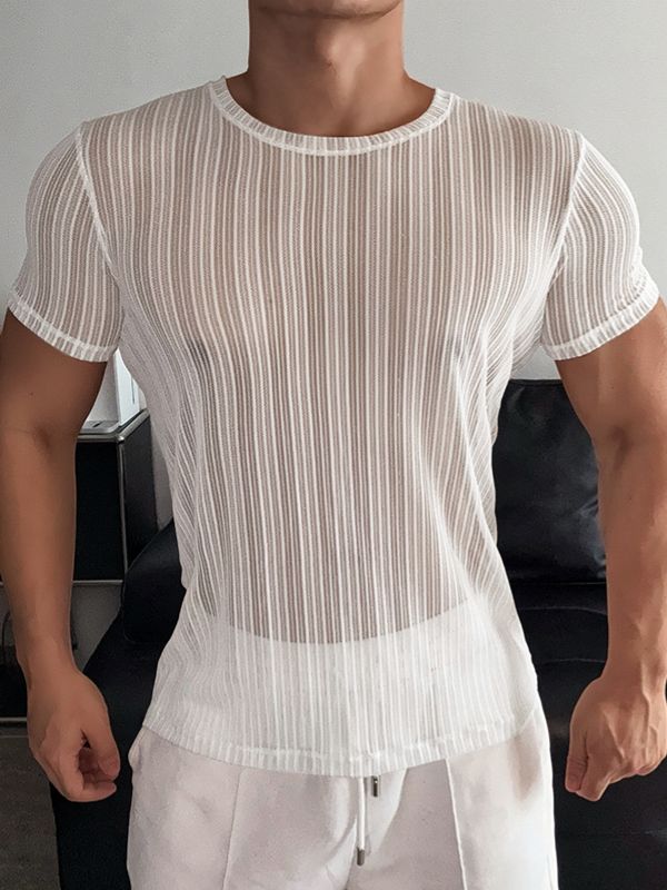 Men's Avant-Garde Translucent Vertical Stripe Glitter Mesh Fitted Short Sleeve T-shirt SKUL72711