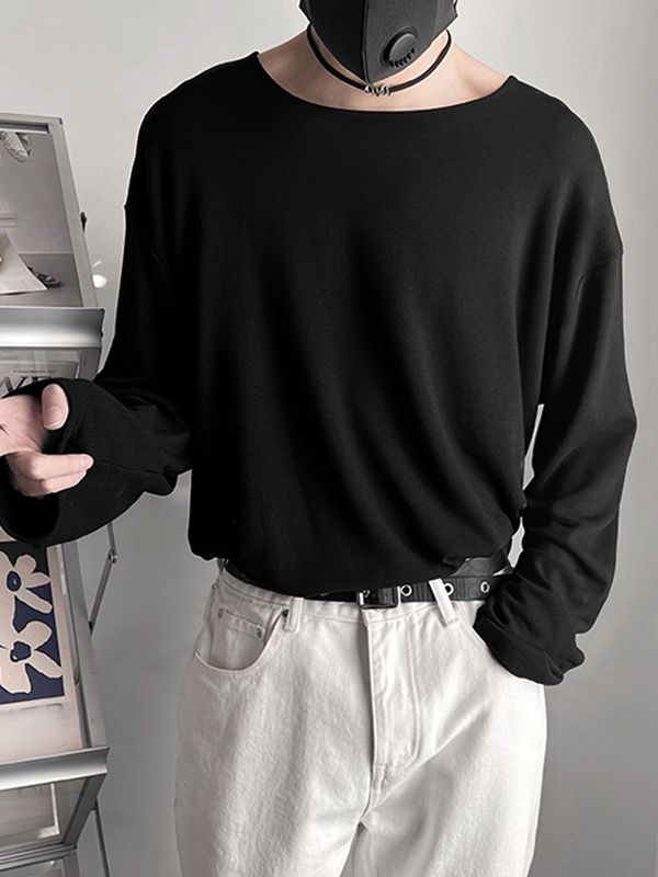 Men's Solid Color Loose Crew Neck Long Sleeve T-Shirt SKUL38549