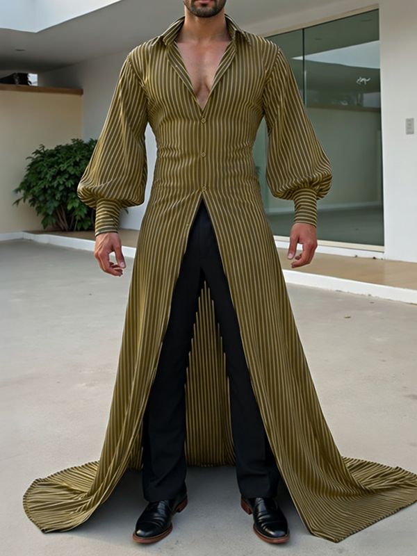 Men's Striped Long Hem Puff Sleeve Shirt SKUL40322