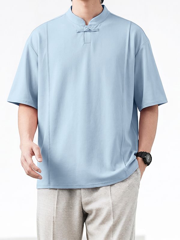 Men's Minimalist Casual Frog Button Stand Collar Short Sleeve Shirt SKUL62087