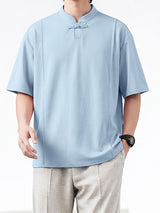 Men's Minimalist Casual Frog Button Stand Collar Short Sleeve Shirt SKUL62087