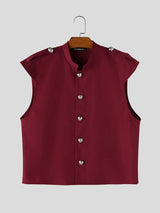 Men's Avant-Garde Ornate Silver Buttons Sleeveless Mandarin Collar Shirt SKUL62076