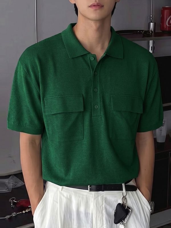 Men's Japanese Cityboy Aesthetic Dual Utility Chest Pocket Knit Polo Shirt SKUL72596