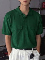 Men's Japanese Cityboy Aesthetic Dual Utility Chest Pocket Knit Polo Shirt SKUL72596
