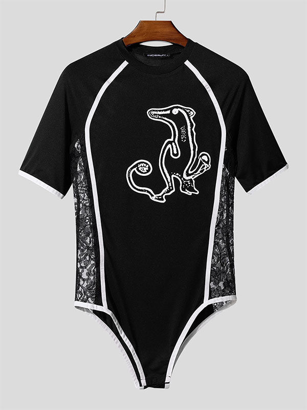 Men's Fun Print Lace Patchwork Bodysuit SKUL21288