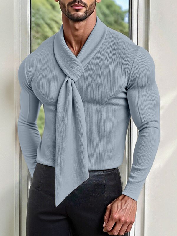 Men's Solid Color Deconstructed Textured Long Sleeve T-shirt SKUL28402