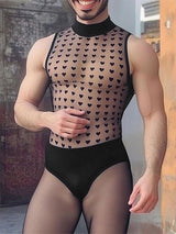 Mens Heart Print Sheer Mesh Bodysuit SKUL13903