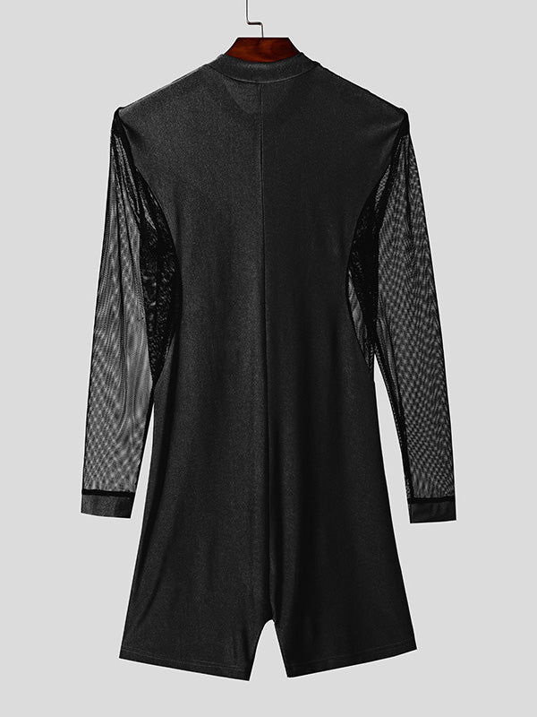 Mens Sheer Mesh Patchwork Long-Sleeve Bodysuit SKUK84395