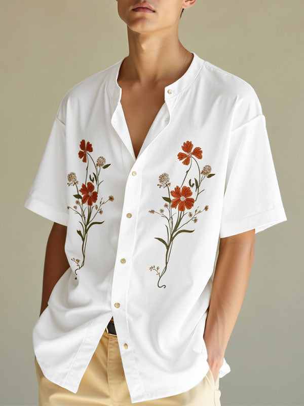 Mens Floral Print Stand Collar Short Sleeve Shirt SKUL07807