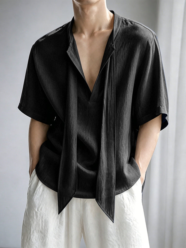 Men's French Romanticism Integrated Hanging Ribbon Drapes Deep V-Neck Shirt SKUL74831