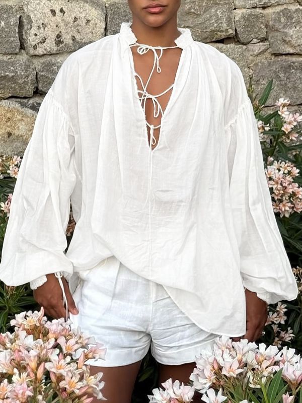 Men's Drawstring Design Ruffle Edge Long Sleeve Shirt SKUL47637