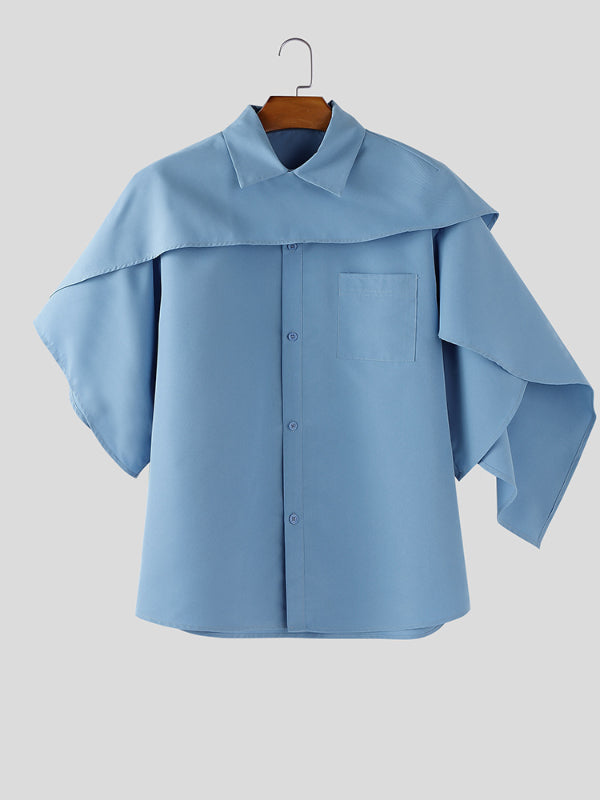 Men's Solid Color Shawl Patchwork Wide Sleeve Shirt SKUL28260