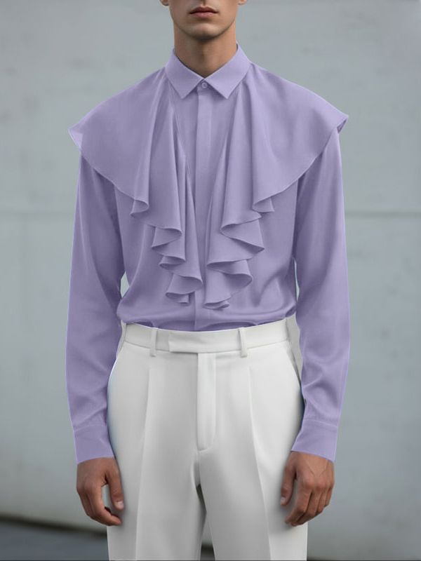 Men's Solid Color Ruffle Patchwork Long Sleeve Shirt SKUL43639