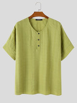 Men's Minimalist Textured Crinkle Henley Collar Short Sleeve T-Shirt SKUL76556