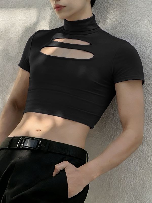 Men's Streetwear Slim Fit Chest Cut Out Mock Neck Cropped T-shirt SKUL51882